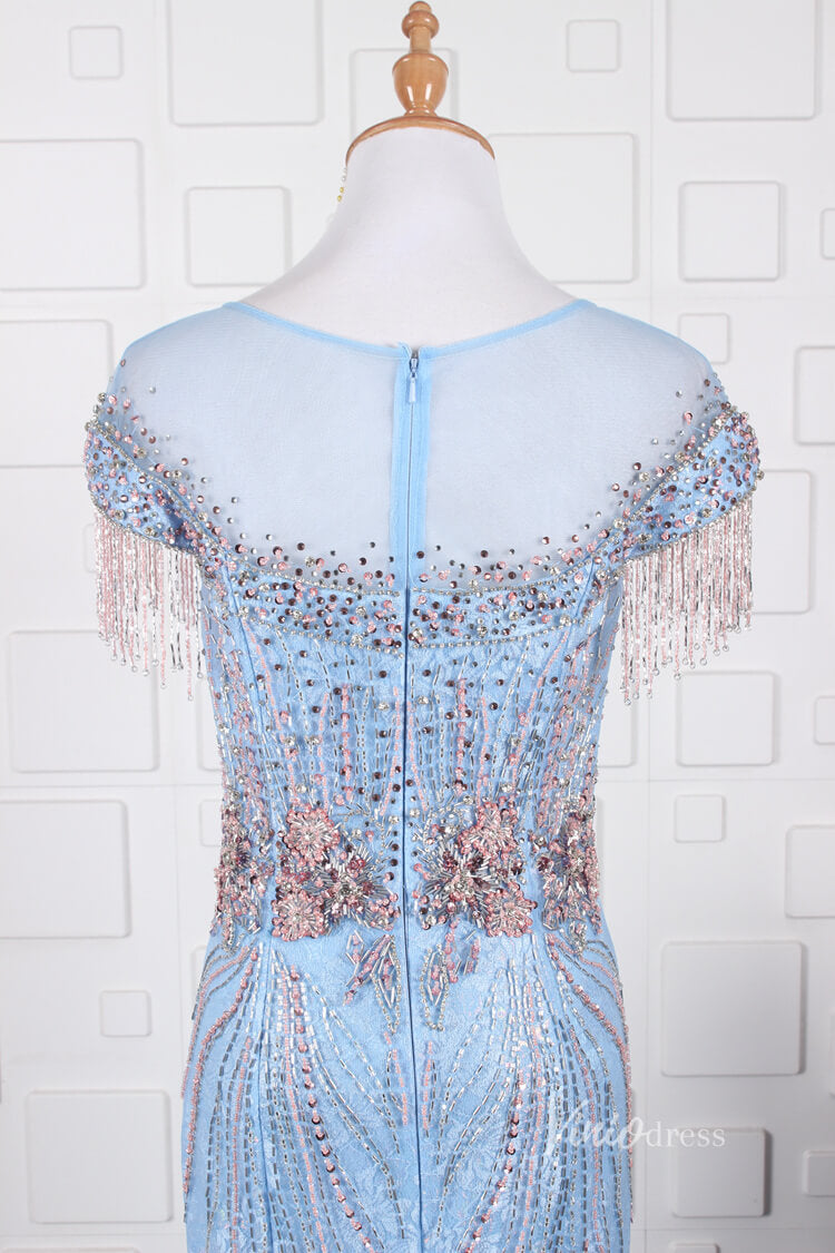 Light Blue Lace Beaded Prom Dresses Sheath Vintage Evening Dress FD2670-prom dresses-Viniodress-Viniodress