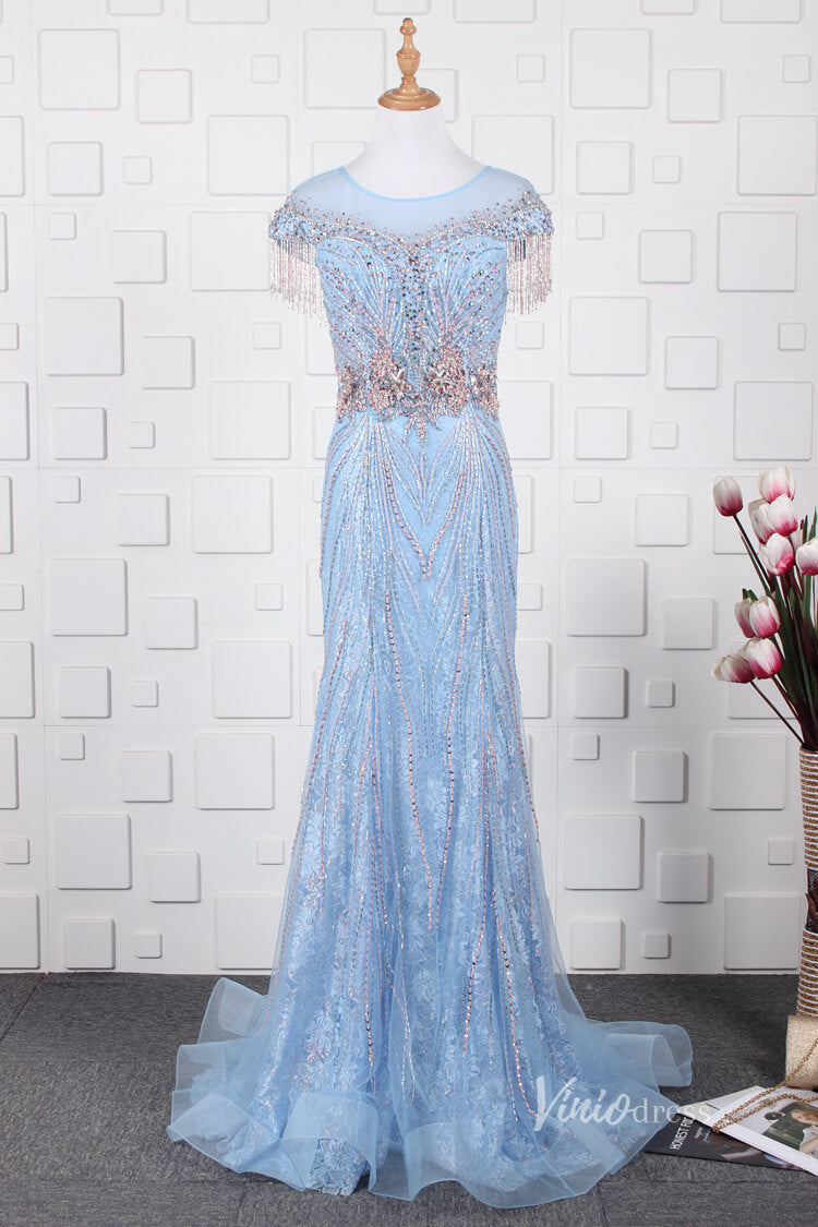 Light Blue Lace Beaded Prom Dresses Sheath Vintage Evening Dress FD2670-prom dresses-Viniodress-Light Blue-US 2-Viniodress