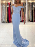 Light Blue Mermaid Prom Dresses Lace Applique Off the Shoulder Evening Dress FD2932-prom dresses-Viniodress-Viniodress