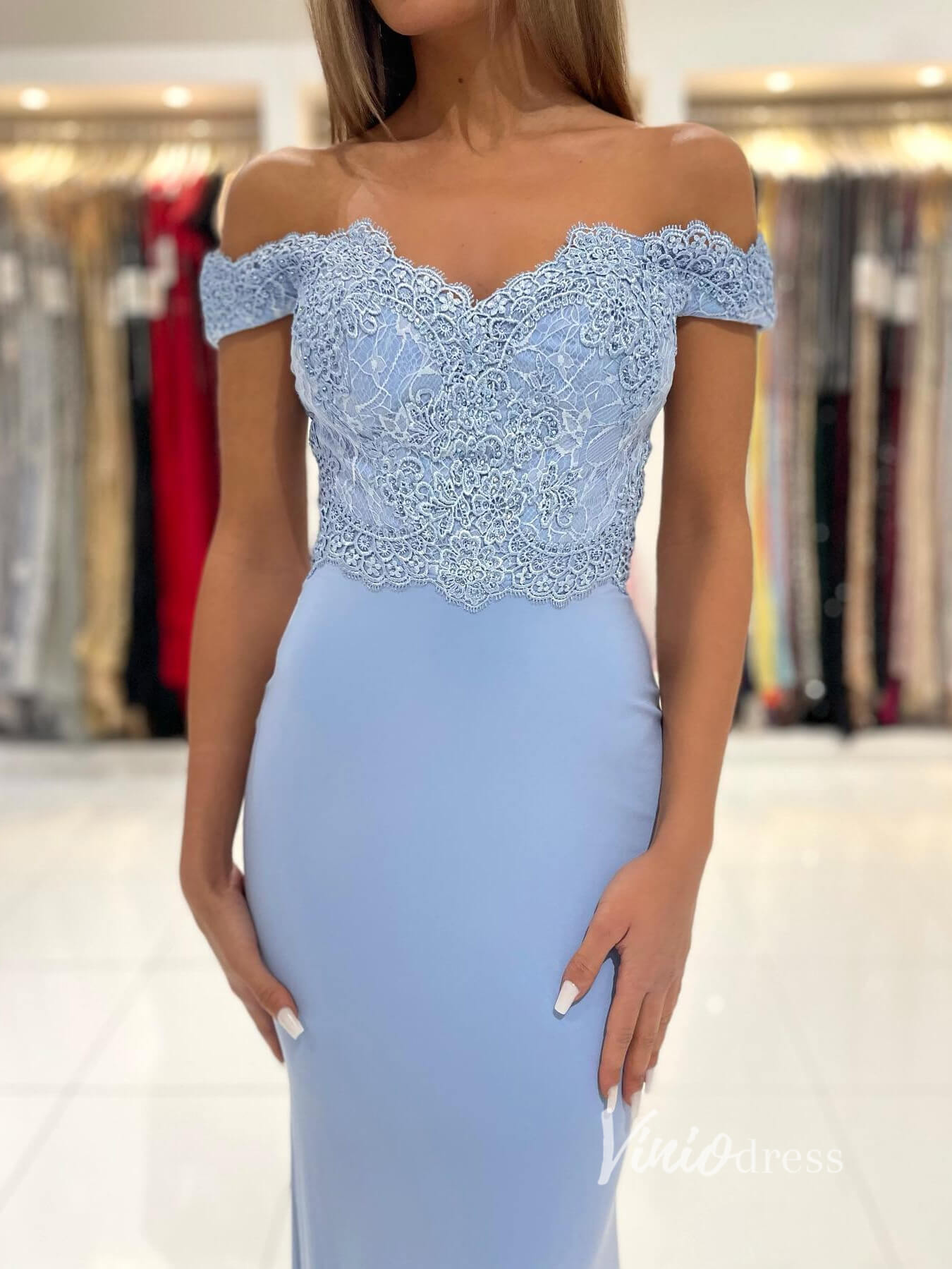 Light Blue Mermaid Prom Dresses Lace Applique Off the Shoulder Evening Dress FD2932-prom dresses-Viniodress-Viniodress