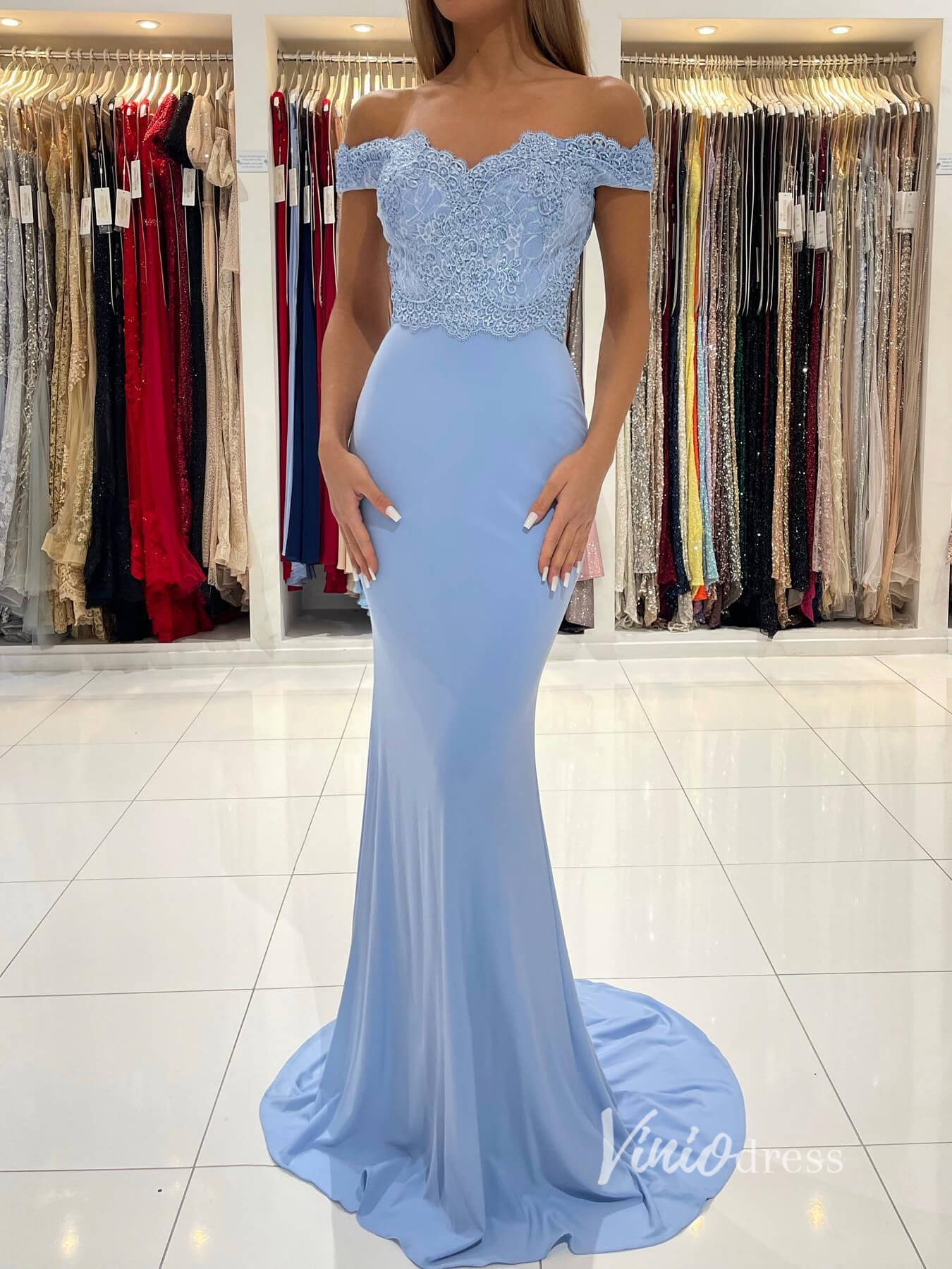 Light Blue Mermaid Prom Dresses Lace Applique Off the Shoulder Evening Dress FD2932-prom dresses-Viniodress-Light Blue-Custom Size-Viniodress