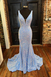 Light Blue Mermaid Sequin Prom Dress Plunging V-Neck Formal Dresses FD2957-prom dresses-Viniodress-Viniodress