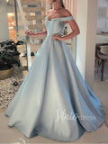 Light Blue Off the Shoulder Prom Dresses with Pockets FD1573-prom dresses-Viniodress-Viniodress