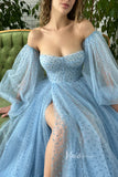 Light Blue Printed Hearts Prom Dresses Long Puffy Sleeves Formal Dresses FD2982-prom dresses-Viniodress-Viniodress