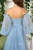 Light Blue Printed Hearts Prom Dresses Long Puffy Sleeves Formal Dresses FD2982-prom dresses-Viniodress-Viniodress