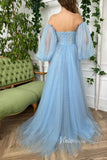 Light Blue Printed Hearts Prom Dresses Long Puffy Sleeves Formal Dresses FD2982-prom dresses-Viniodress-Viniodress