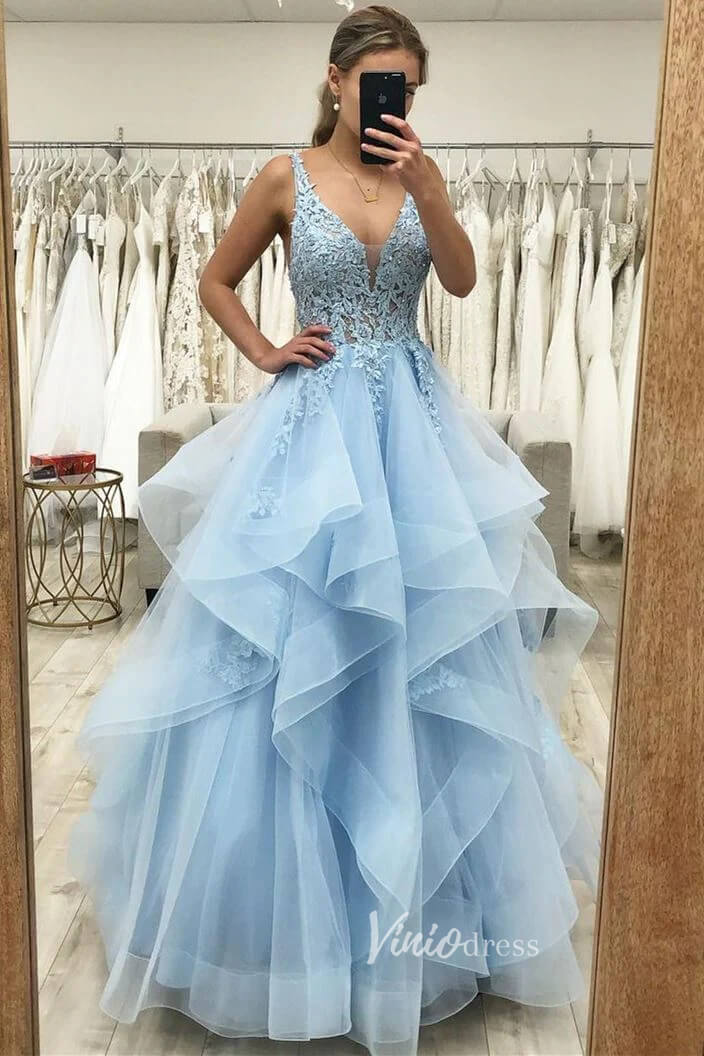 Light Blue Ruffle Prom Dresses V-neck Long Graduation Dress FD2942D-prom dresses-Viniodress-Light Blue-Custom Size-Viniodress