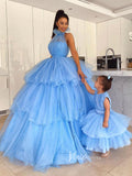 Light Blue Ruffle Tulle Prom Dresses Halter Neck Formal Gown FD3150-prom dresses-Viniodress-Viniodress