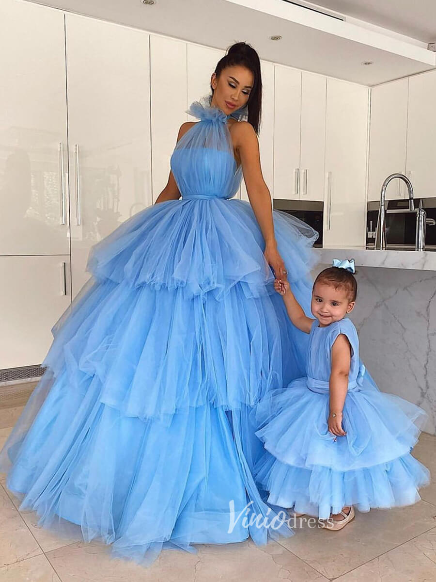 Light Blue Ruffle Tulle Prom Dresses Halter Neck Formal Gown FD3150-prom dresses-Viniodress-Light Blue-Custom Size-Viniodress