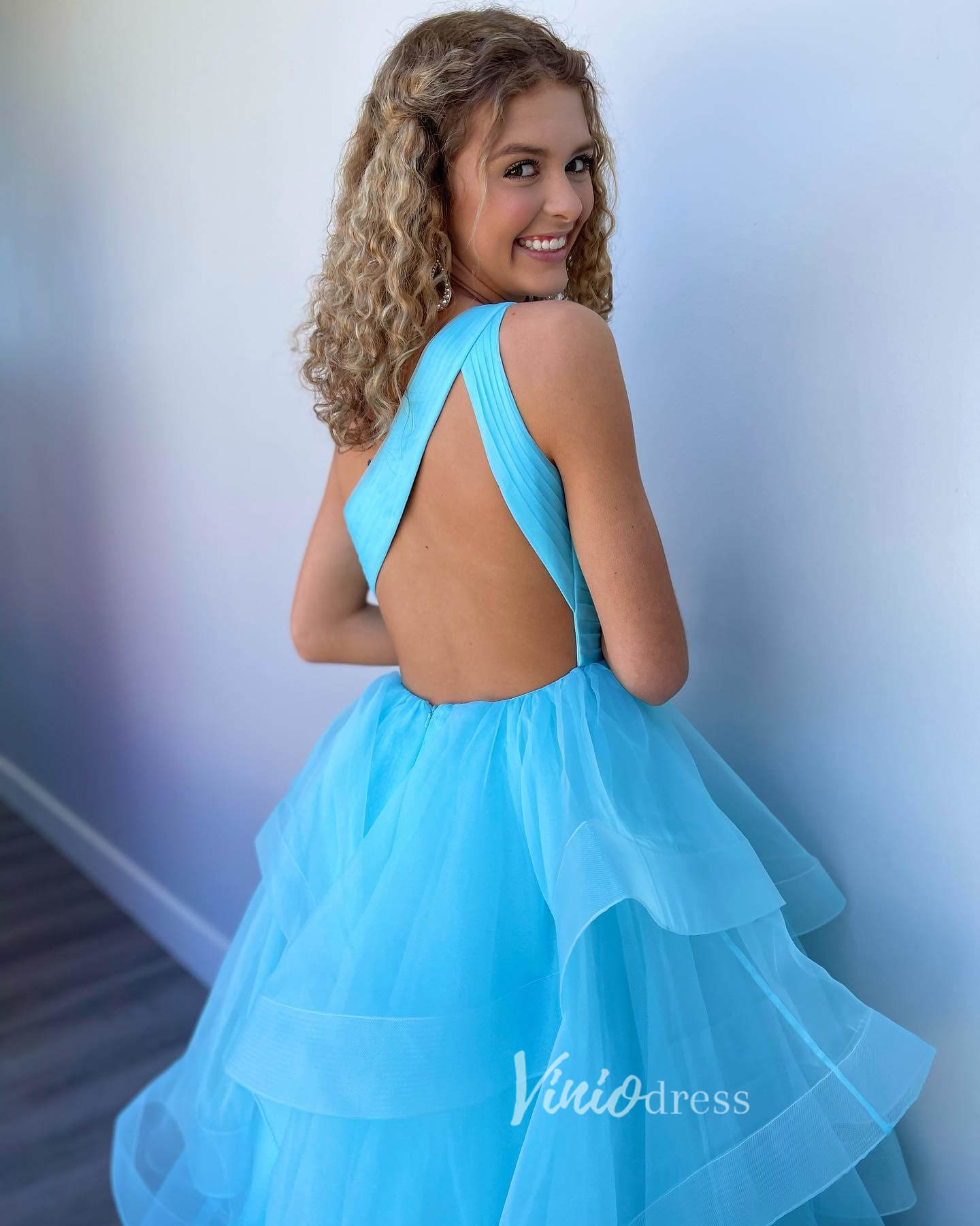 Light Blue Ruffle Tulle Prom Dresses One Shoulder Formal Dress FD3140-prom dresses-Viniodress-Viniodress