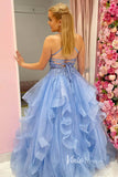 Light Blue Ruffled Prom Dresses Lace Applique Formal Gown FD3262-prom dresses-Viniodress-Viniodress