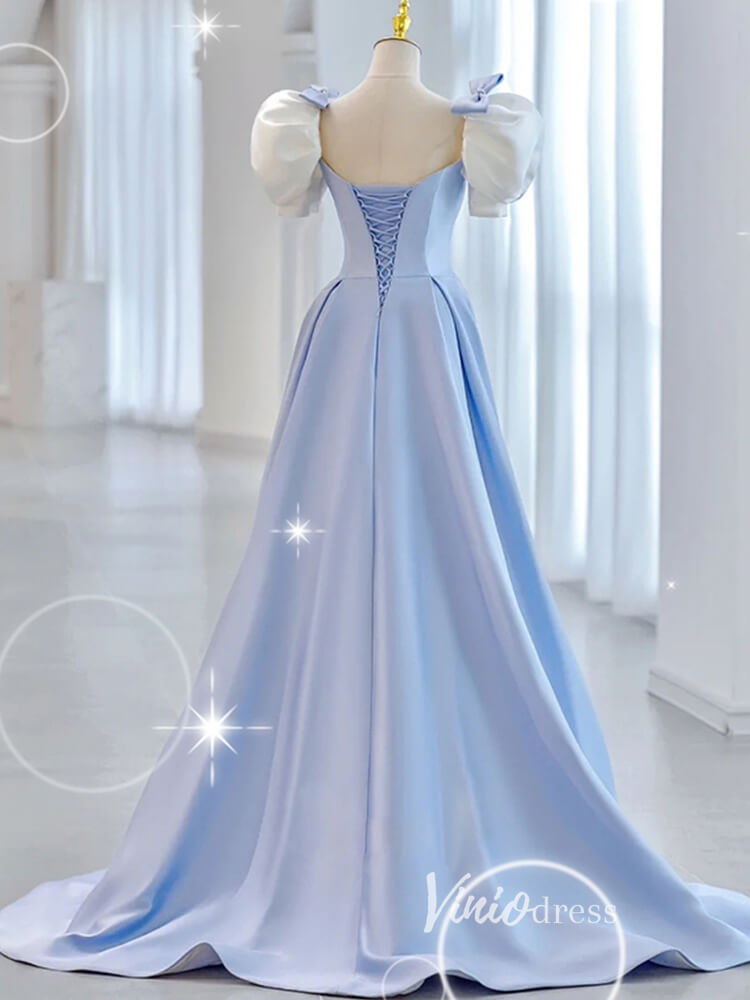 Light Blue Satin Prom Dresses Puffed Sleeve Formal Gown FD3247-prom dresses-Viniodress-Viniodress