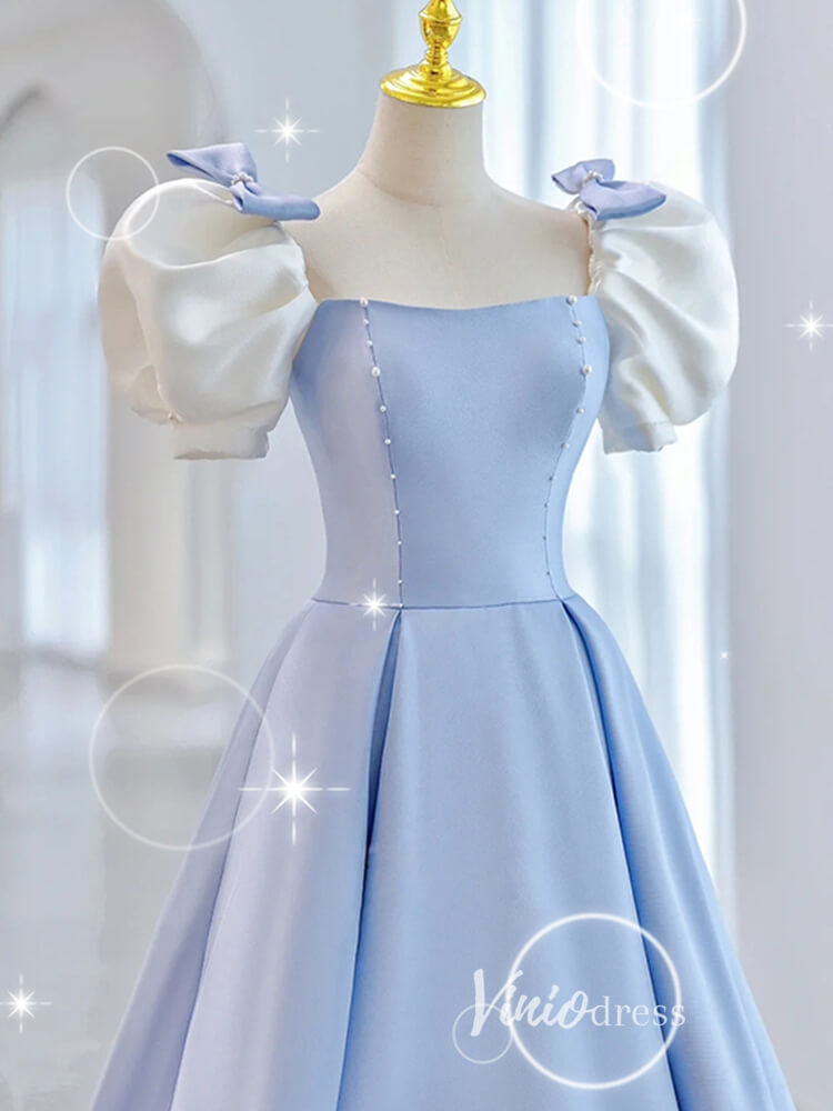 Light Blue Satin Prom Dresses Puffed Sleeve Formal Gown FD3247-prom dresses-Viniodress-Viniodress