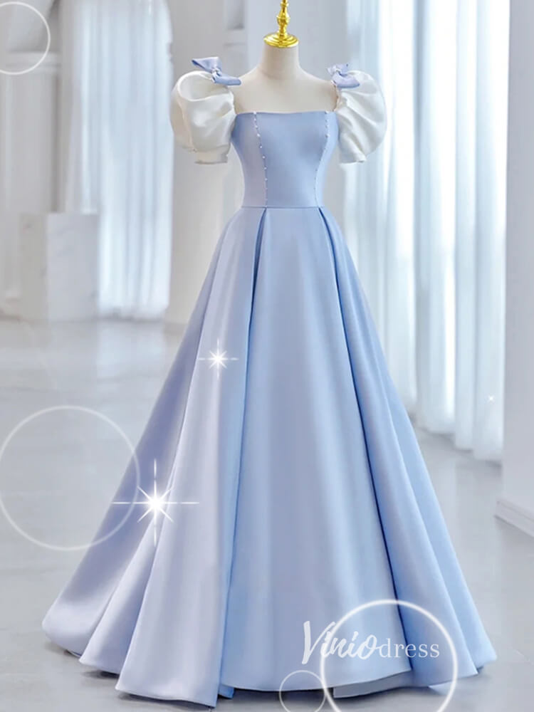 Light Blue Satin Prom Dresses Puffed Sleeve Formal Gown FD3247-prom dresses-Viniodress-Light Blue-Custom Size-Viniodress