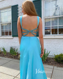 Light Blue Satin Prom Dresses Spaghetti Strap Formal Dress FD3344-prom dresses-Viniodress-Viniodress