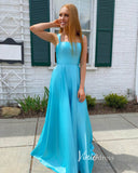 Light Blue Satin Prom Dresses Spaghetti Strap Formal Dress FD3344