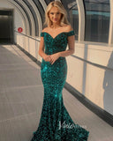 Light Blue Sequin Prom Dresses Mermaid Off the Shoulder Evening Dress FD3131-prom dresses-Viniodress-Emerald Green-Custom Size-Viniodress