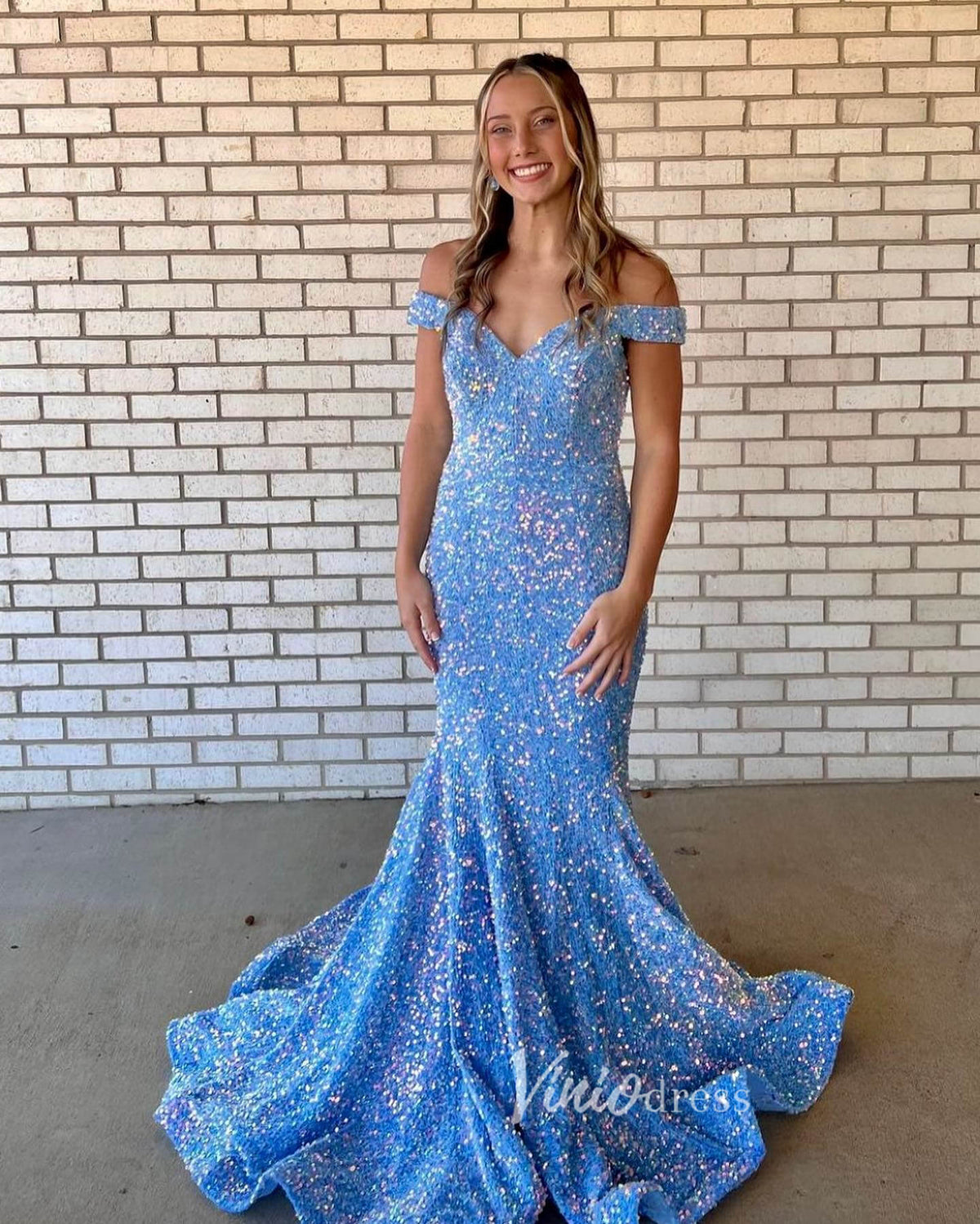 Light Blue Sequin Prom Dresses Mermaid Off the Shoulder Evening Dress FD3131-prom dresses-Viniodress-Light Blue-Custom Size-Viniodress