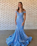 Light Blue Sequin Prom Dresses Mermaid Off the Shoulder Evening Dress FD3131