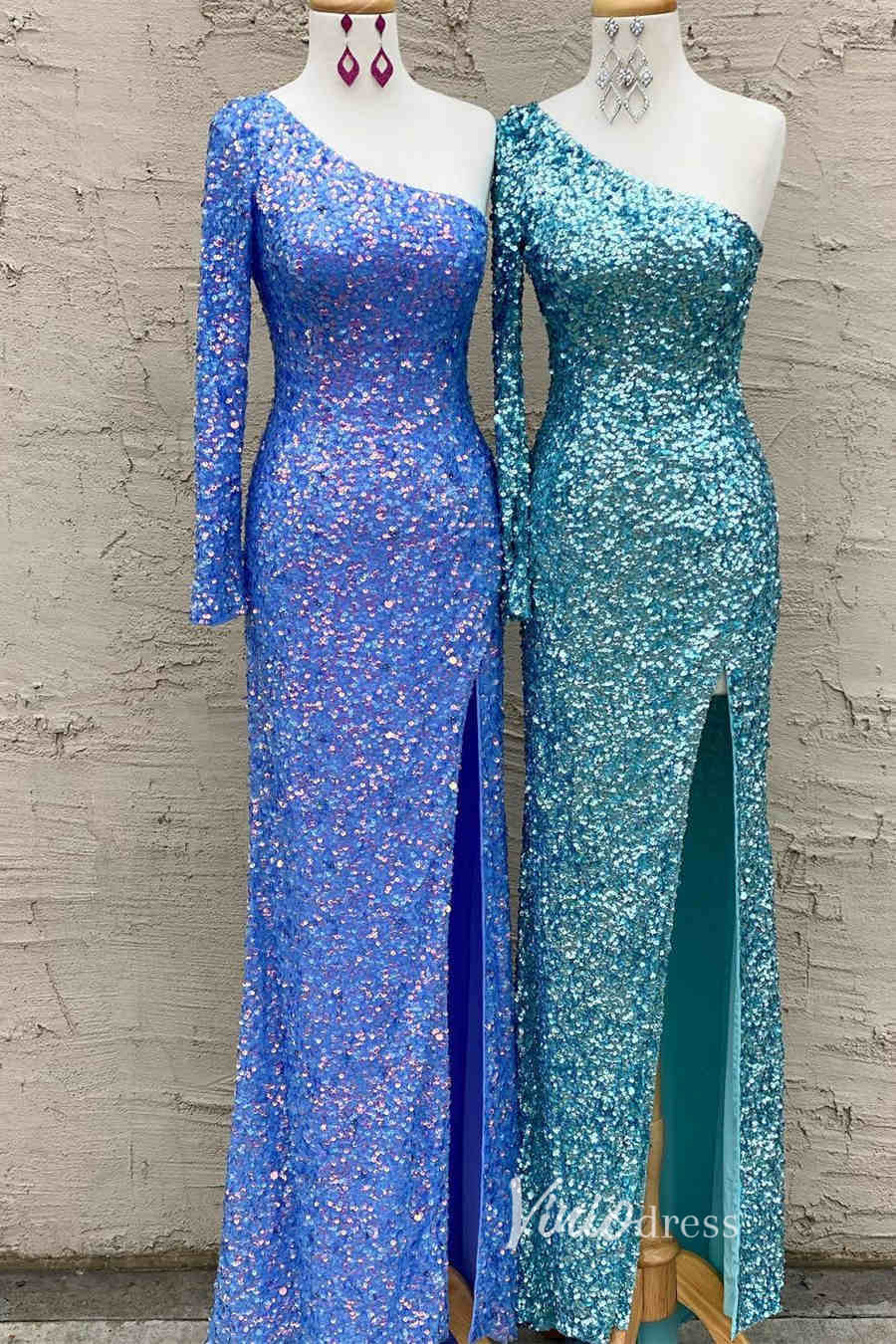 Light Blue Sequin Prom Dresses with Slit Mermaid One Shoulder Evening Dress FD3280-prom dresses-Viniodress-Light Blue-Custom Size-Viniodress