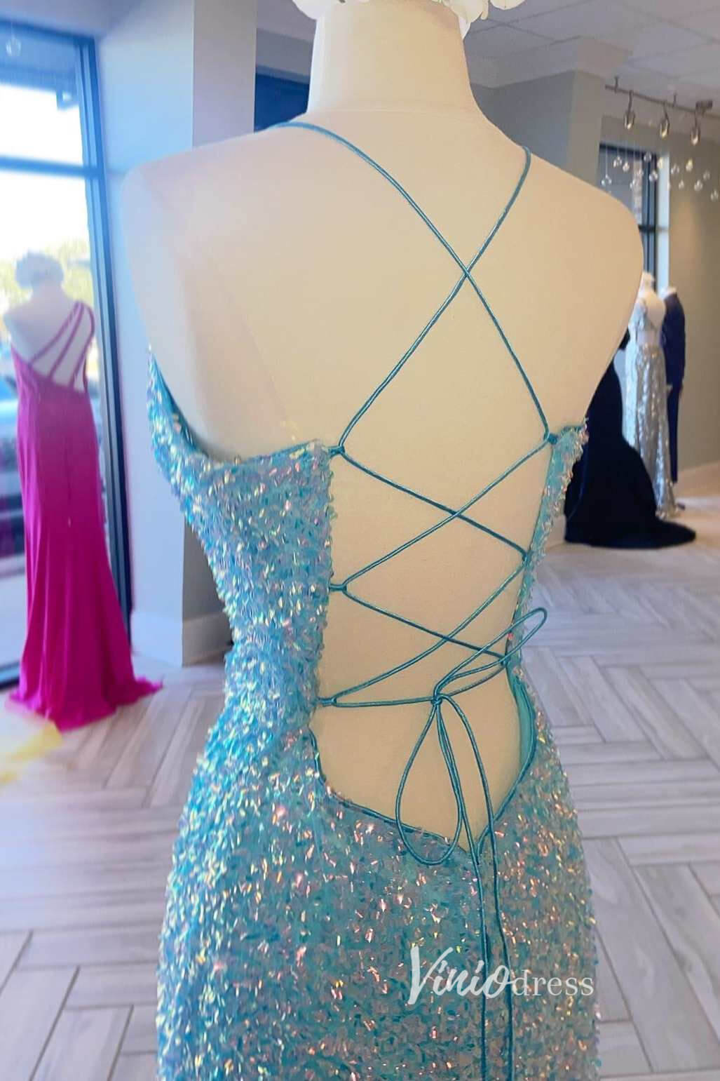 Light Blue Sequin Prom Dresses with Slit Mermaid Spaghetti Strap Evening Dress FD3308-prom dresses-Viniodress-Viniodress
