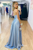 Light Blue Sparkly Satin Prom Dresses with Slit Spaghetti Strap Formal Gown FD3278-prom dresses-Viniodress-Viniodress