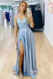 Light Blue Sparkly Satin Prom Dresses with Slit Spaghetti Strap Formal Gown FD3278