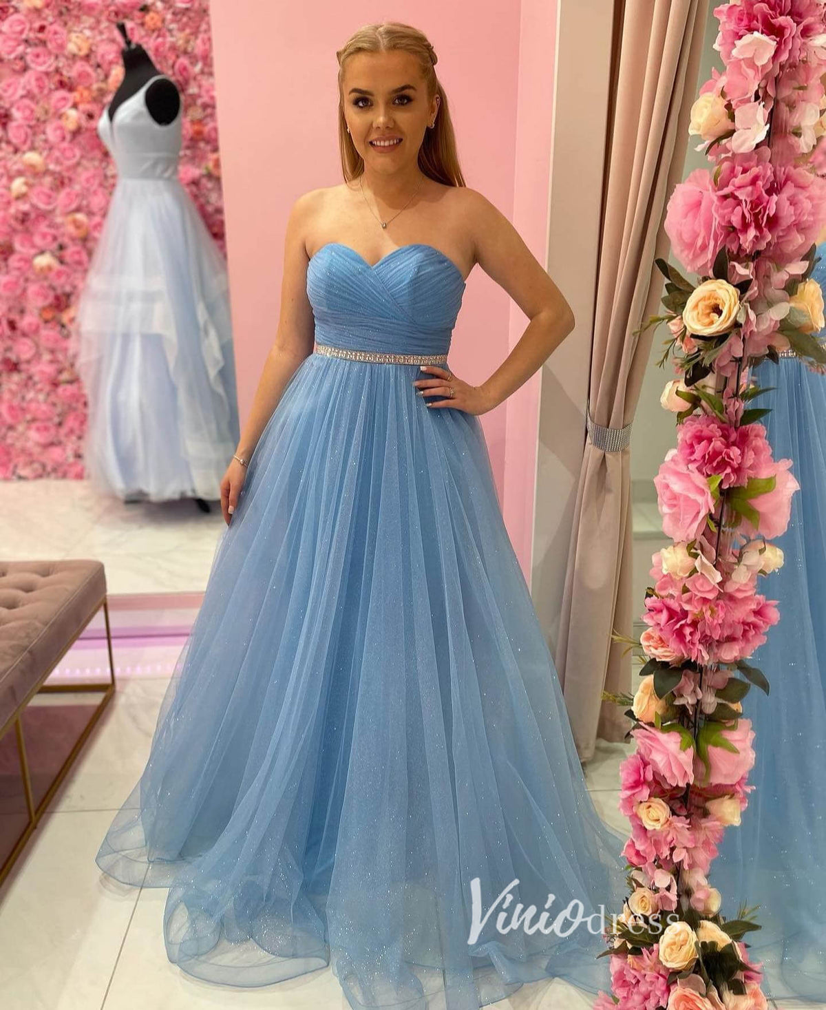 Light Blue Sparkly Tulle Prom Dresses Strapless Evening Dress FD3356-prom dresses-Viniodress-Light Blue-Custom Size-Viniodress