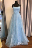Light Blue Starry Tulle Prom Dresses Spaghetti Strap Evening Dress FD3366