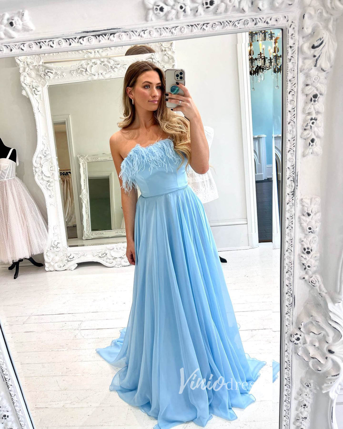 Light Blue Strapless Prom Dresses Feathers Evening Dress FD3134-prom dresses-Viniodress-Light Blue-Custom Size-Viniodress