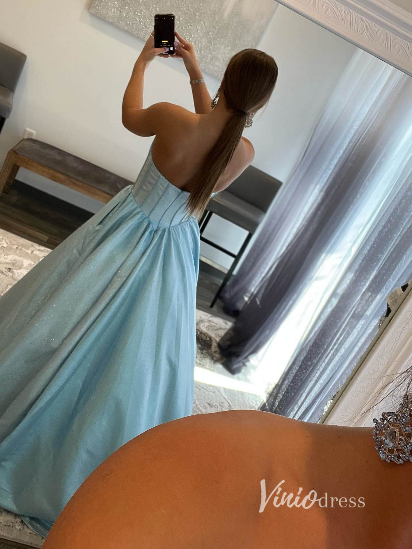 Light Blue Sweetheart Neck Prom Dresses With Pockets Sparkly Satin Evening Dress FD2939-prom dresses-Viniodress-Viniodress