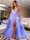 Light Blue Tiered Ruffle Tulle Prom Dresses with Slit FD2993-prom dresses-Viniodress-Lavender-Custom Size-Viniodress