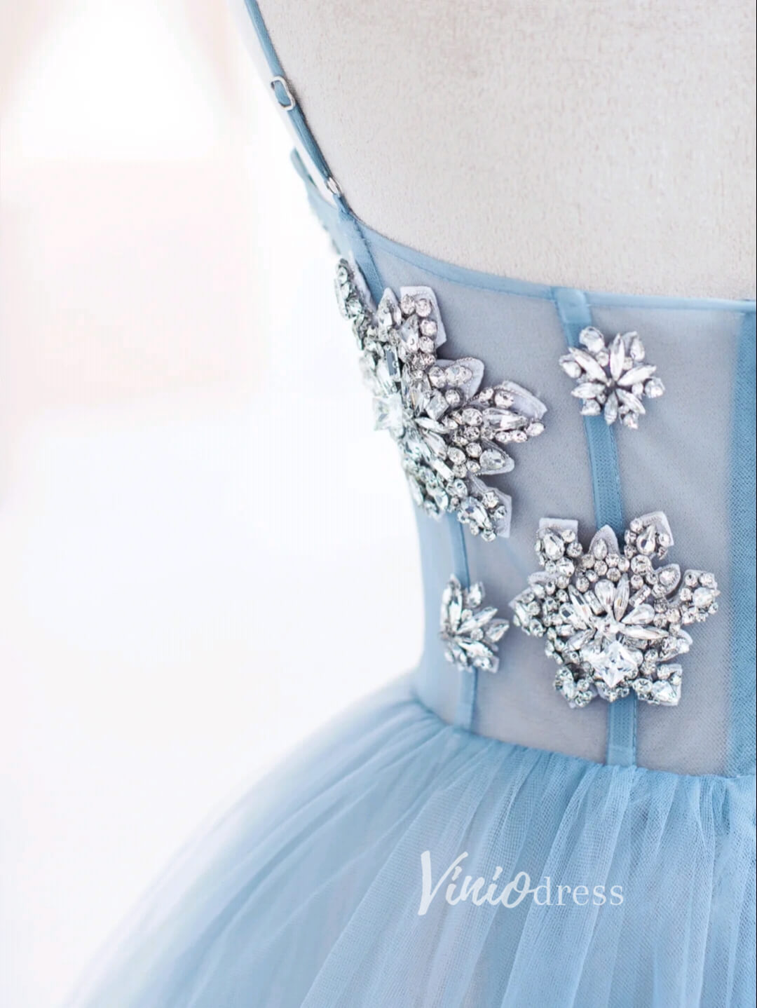 Light Blue Tulle Prom Dresses Beaded Spahgetti Strap Formal Gown FD3419-prom dresses-Viniodress-Viniodress