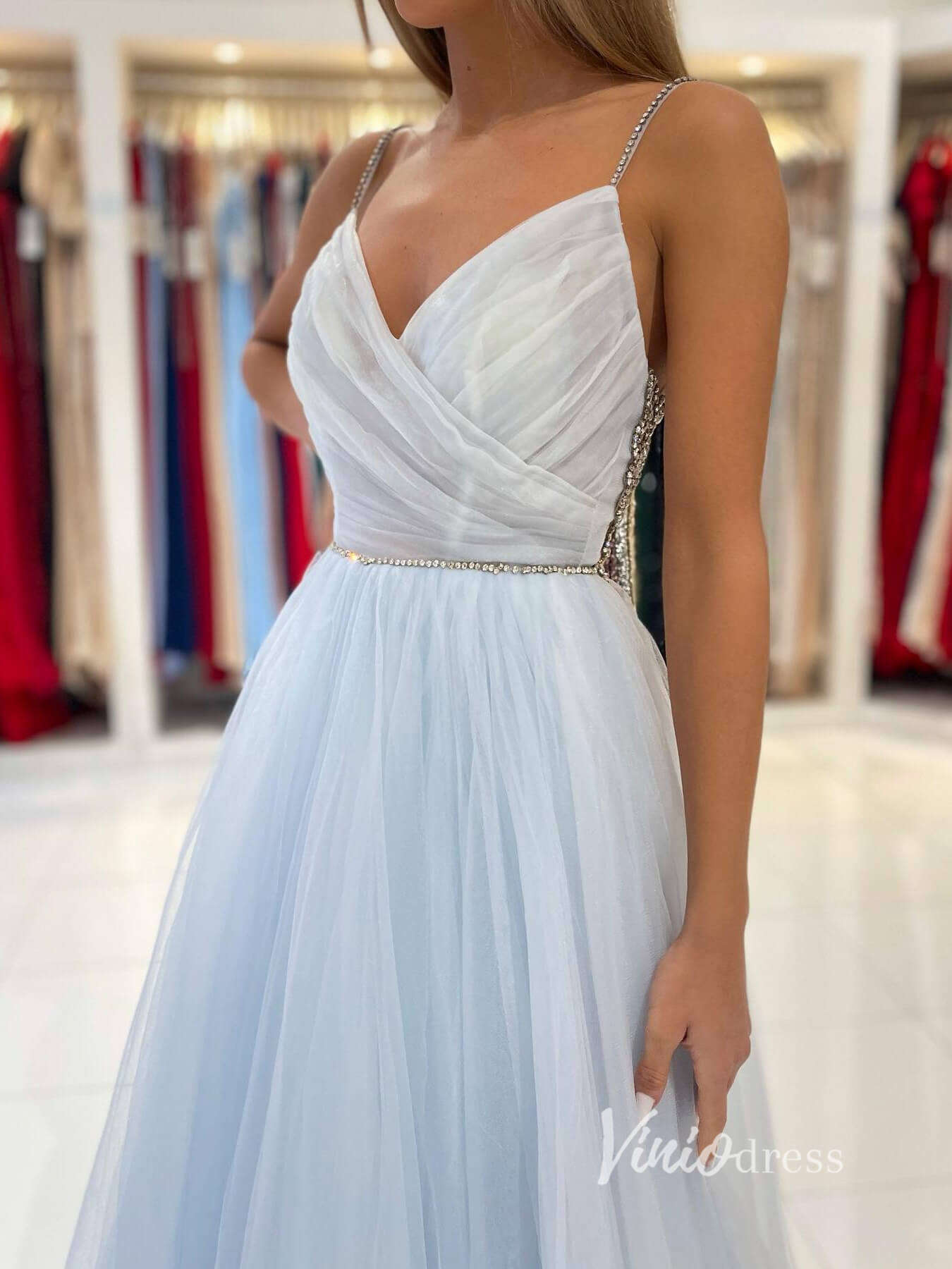 Light Blue Tulle Prom Dresses Spaghetti Strap Evening Dress FD2913-prom dresses-Viniodress-Viniodress