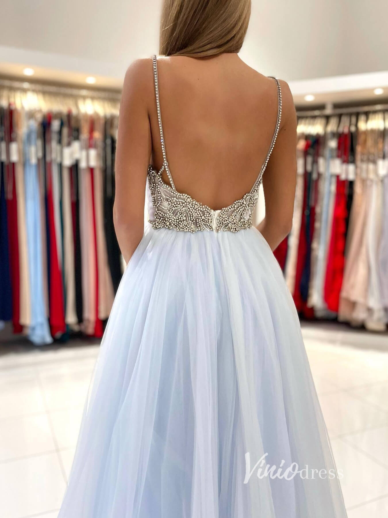 Light Blue Tulle Prom Dresses Spaghetti Strap Evening Dress FD2913-prom dresses-Viniodress-Viniodress