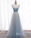 Light Blue V-Neck Prom Dresses A-Line Pleated Evening Dress FD3162