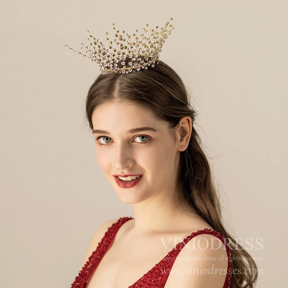 Light Gold Crystal Wedding Circle Crown AC1208-Headpieces 2025 -Viniodress-Gold-