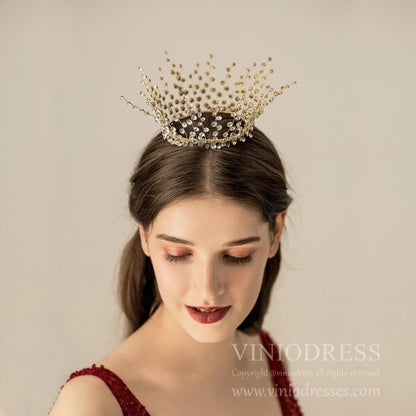 Light Gold Crystal Wedding Circle Crown AC1208-Headpieces 2025 -Viniodress-Gold-