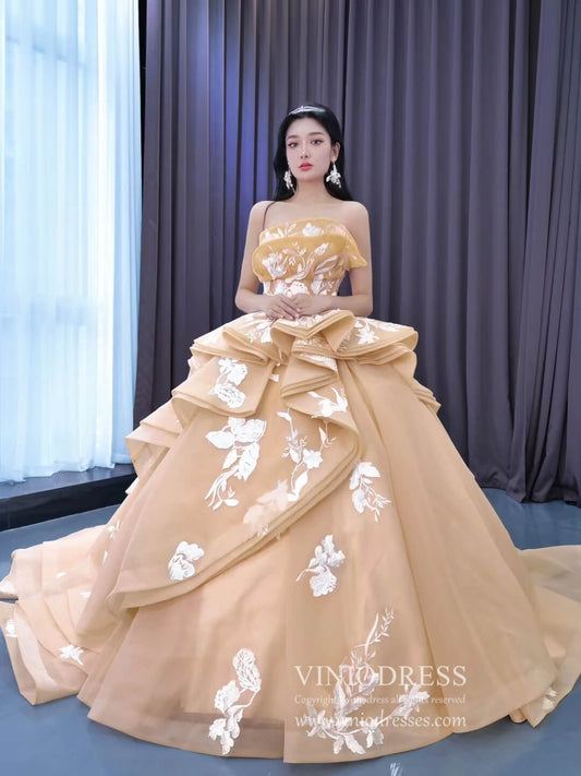 Light Gold Debut Gown Layered Princess Ball Gown Wedding Dresses 222164-Quinceanera Dresses 2025 -Viniodress-Gold-Custom Size-
