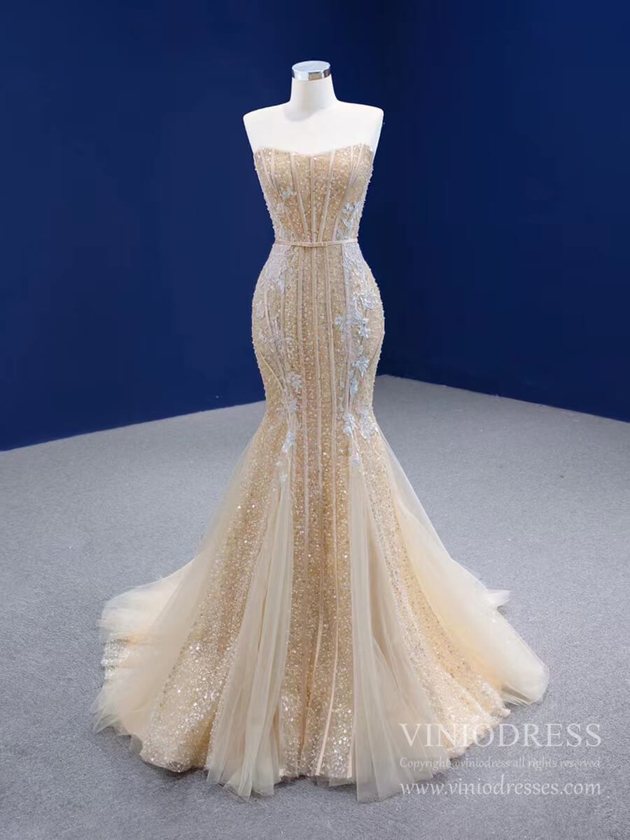 Light Gold Mermaid Wedding Dresses Strapless Beaded Prom Dress 67339 ...