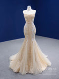 Light Gold Mermaid Wedding Dresses Strapless Beaded Prom Dress 67339-wedding dresses-Viniodress-Viniodress