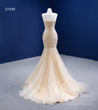 Light Gold Mermaid Wedding Dresses Strapless Beaded Prom Dress 67339-wedding dresses-Viniodress-Viniodress