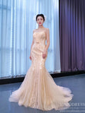 Light Gold Mermaid Wedding Dresses Strapless Beaded Prom Dress 67339