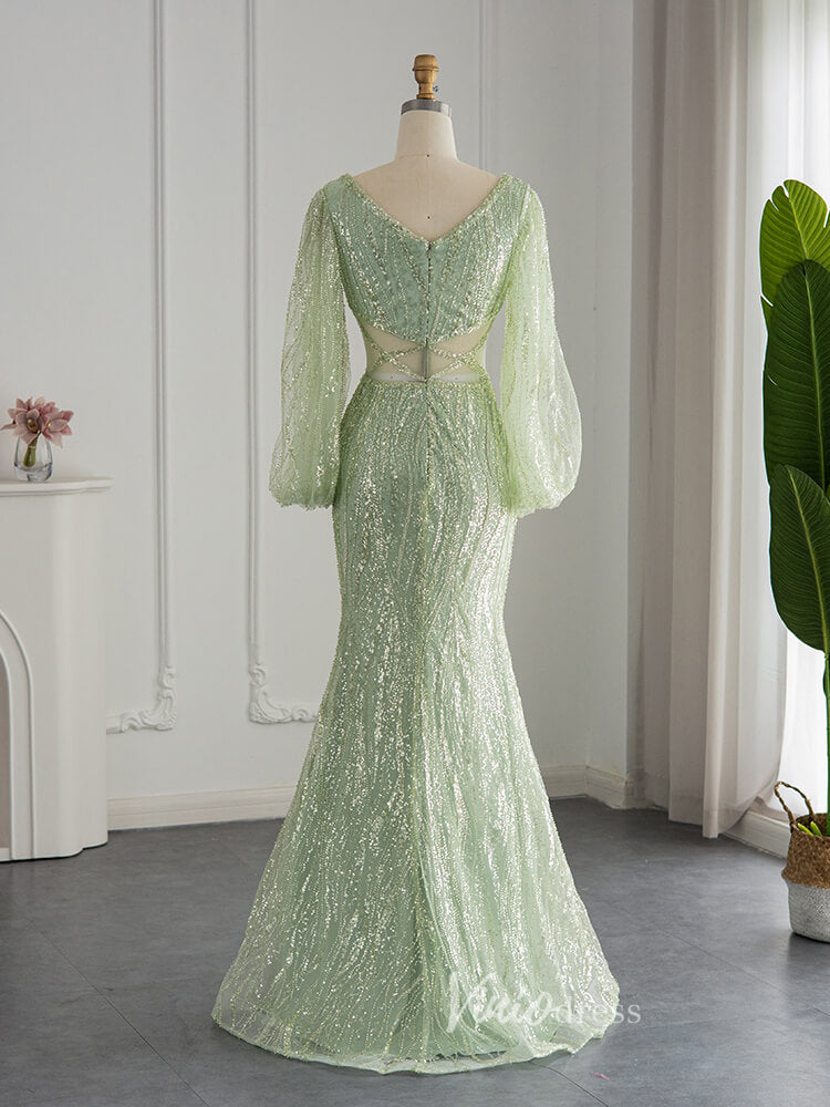 Light Green Mermaid Prom Dresses Beaded Puff Sleeve Evening Dress 20095-prom dresses-Viniodress-Viniodress