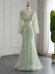 Viniodress Light Green Beaded Lace Prom Dresses One Shoulder Long Sleeve Formal Dress 20093 Light Green / US 6