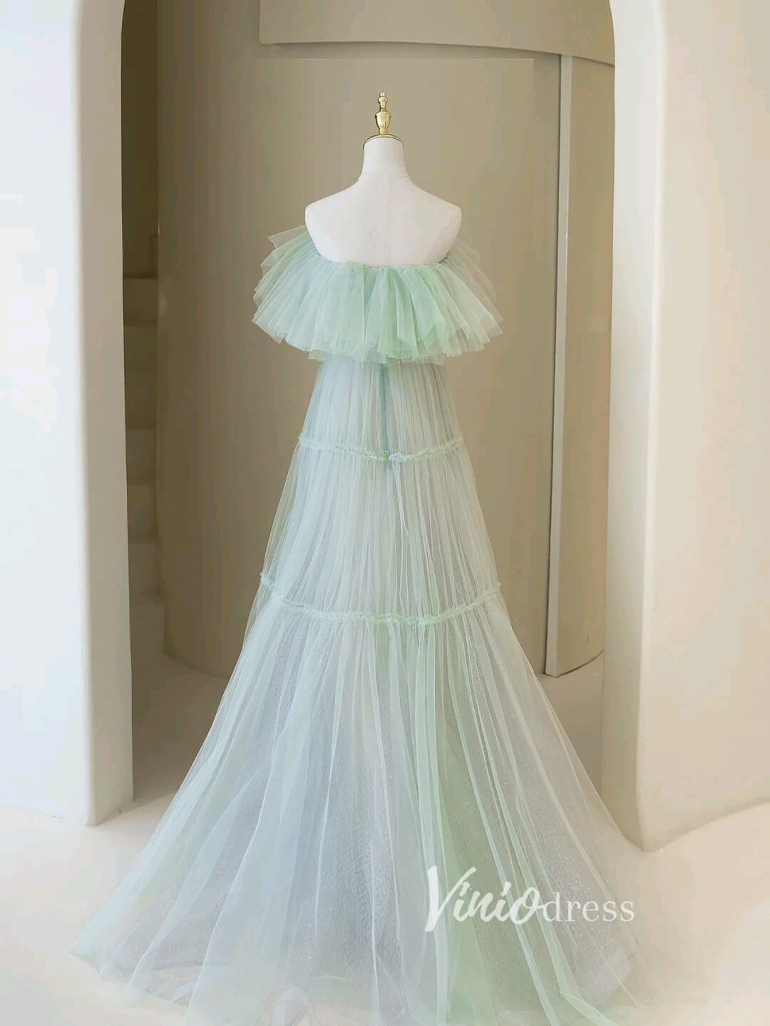 Light Green Ruffled Tulle Prom Dresses Off the Shoulder Evening Gown FD3418-prom dresses-Viniodress-Viniodress