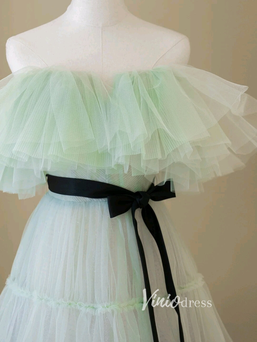 Light Green Ruffled Tulle Prom Dresses Off the Shoulder Evening Gown FD3418-prom dresses-Viniodress-Viniodress