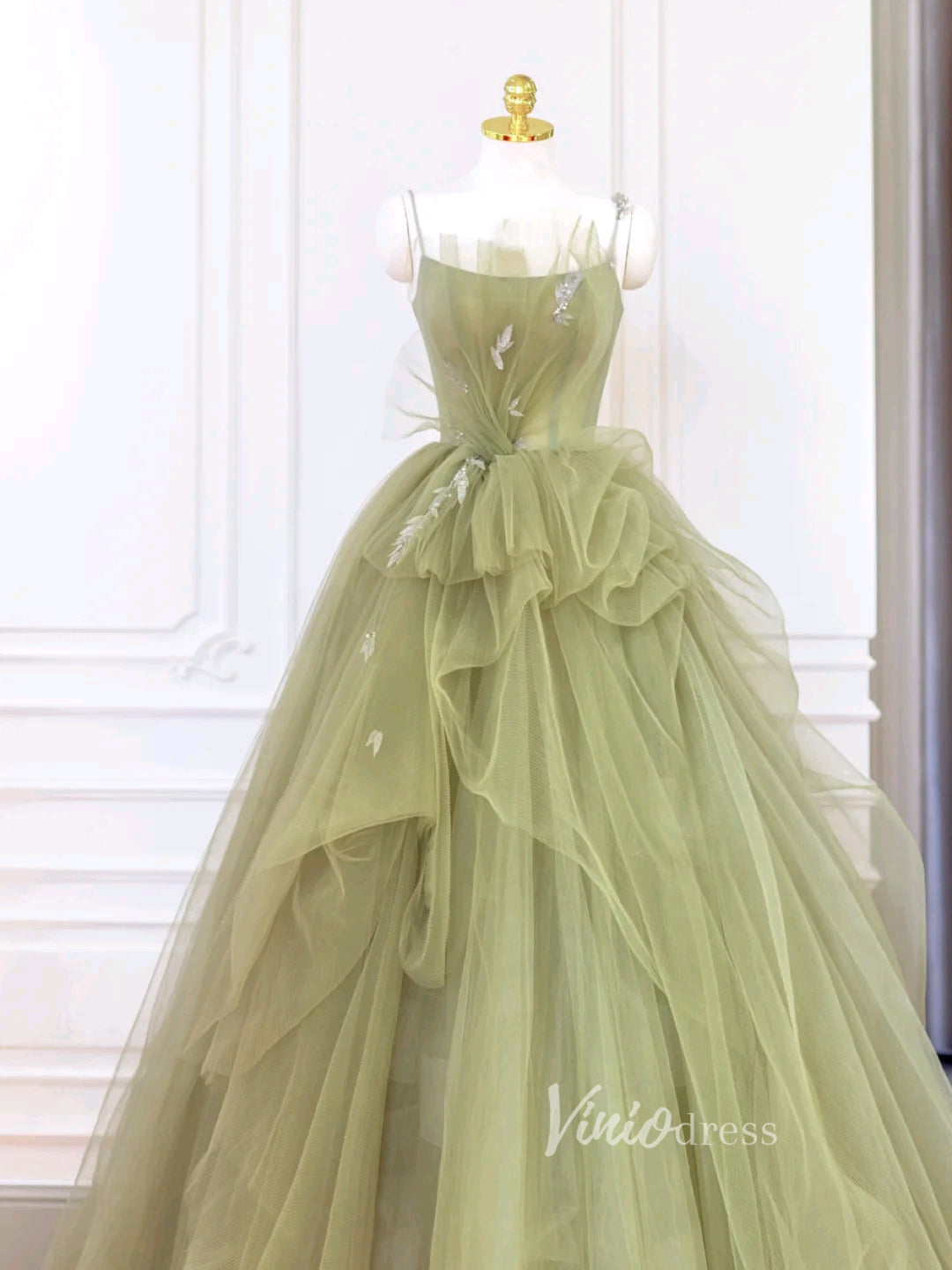 Light Green Tiered Tulle Prom Dresses Spaghetti Strap Evening Dress FD3214-prom dresses-Viniodress-Light Green-Custom Size-Viniodress