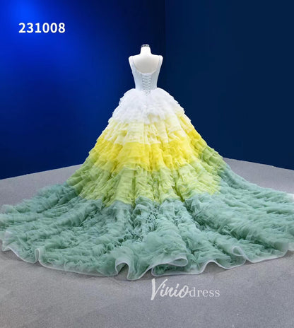 Light Green Yellow Gradient Ruffle Wedding Dress Layered Ball Gowns 231008-prom dresses 2025 -Viniodress-Light Green-Custom Size-