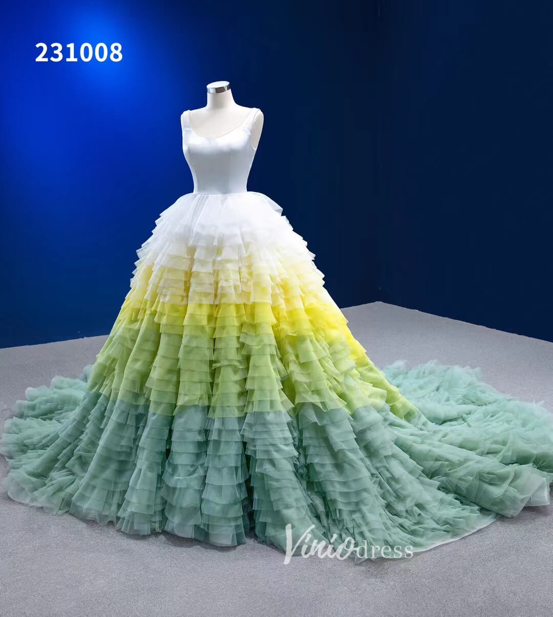Light Green Yellow Gradient Ruffle Wedding Dress Layered Ball Gowns 231008-prom dresses 2025 -Viniodress-Light Green-Custom Size-